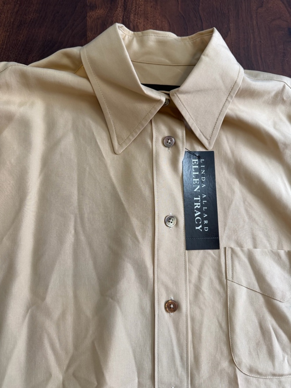 Linda Allard Ellen Tracy Beige Button-Front Silk Shirt Khaki - Picture 2 of 6